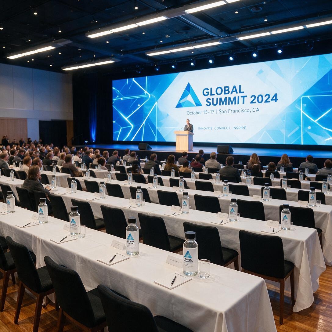 Rows of custom branded water bottles at a conference summit