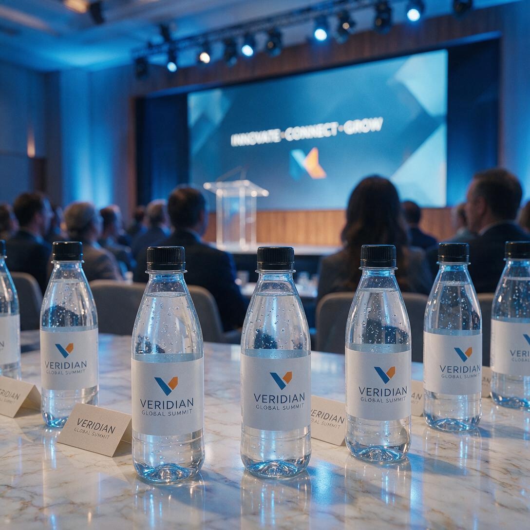 Corporate branded water bottles on a marble conference table