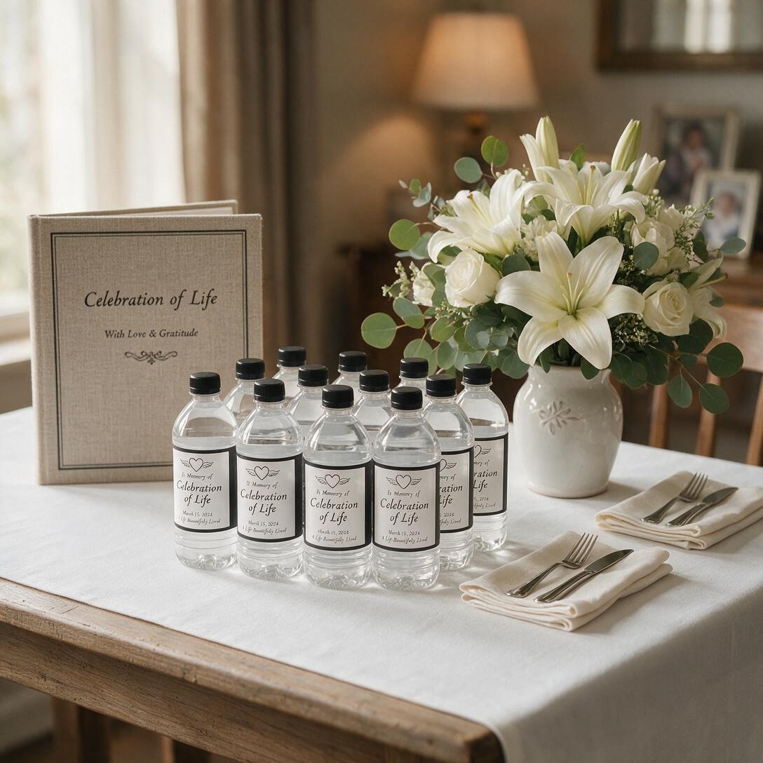 Tasteful memorial water bottles alongside lilies