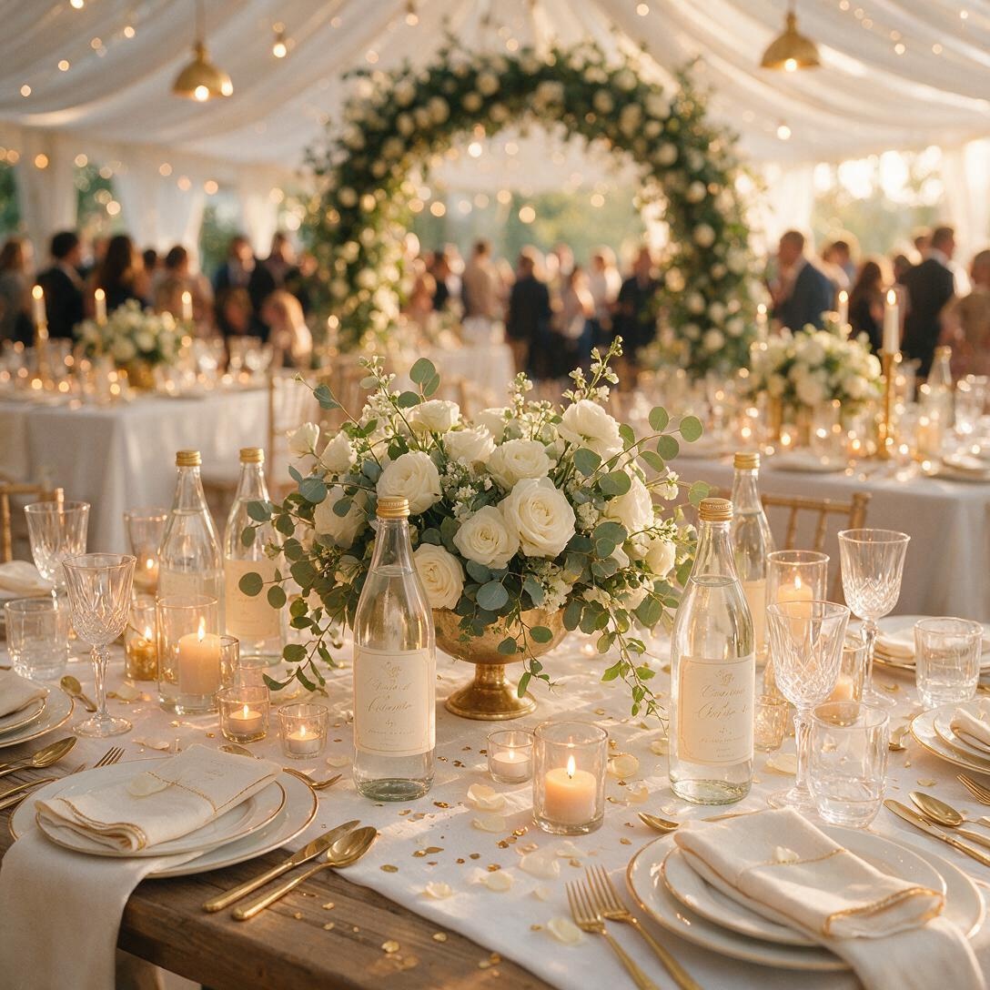 Custom wedding water bottles with elegant labels on a reception table