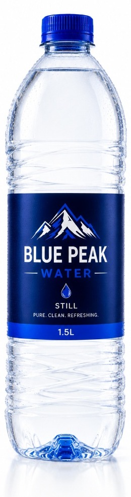 Blue Peak Water 1.5 litre still bottle, studio product shot