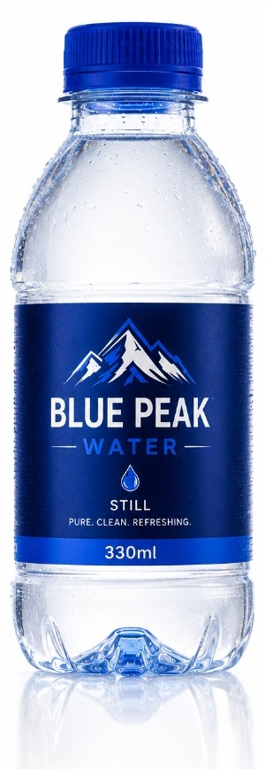 Blue Peak Water 330ml still bottle, studio product shot