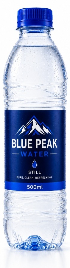 Blue Peak Water 500ml still bottle, studio product shot