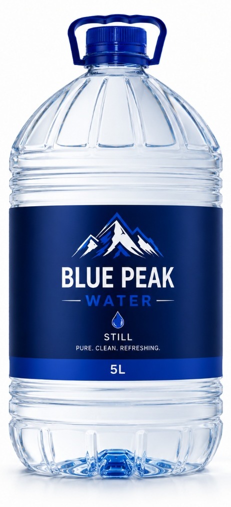 Blue Peak Water 5 litre still bottle with carry handle, studio product shot